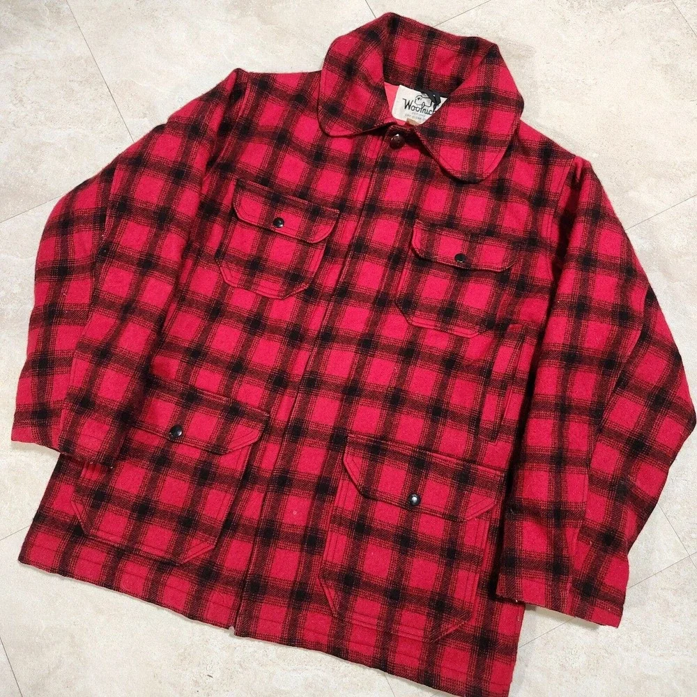 VTG Woolrich Mens 40 Red Buffalo Plaid Heavy Wool Mackinaw‎ Coat USA #523 Jacket
